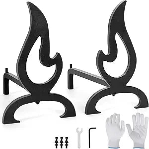 Cast Iron Fireplace Andirons, Decorative Andirons for Wood Burning Fireplaces, Heavy-Duty and Stylish Fire Shape Design