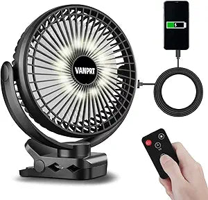 8'' Rechargeable Portable Hanging RV Tent Clip fan with Remote, 10000mAh Camping Fan, 3 Speed, Max 40 Hours Working Time, with LED light and Timer, 720┬░Rotation, as Emergency Power - Black