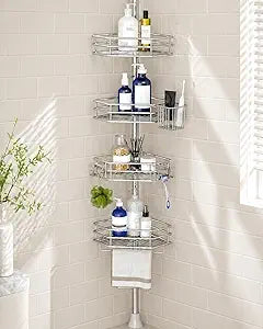 SEIRIONE Corner Shower Caddy Tension Pole, Quick Setup, Rust-Free Bathroom Shower Organizer Corner for Bathtub Shampoo Storage, 4-Tier Adjustable Shelf, Drill Free, Fits 34 to 116 Inch Height, Silver