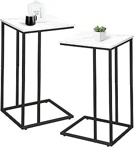 C Shaped Side Table Set of 2, Marble End Table for Sofa and Bed, Couch Table That Slide Under, Snack Side Table for Living Room, Bedroom or Small Spaces, White and Black