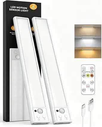 Under Cabinet Lighting,80LED Motion Sensor Light Indoor with Remote,2200mAh Rechargeable Closet Lights Wireless,Dimmable,3Color Temps,Magnetic Under Counter Lights for Kitchen,Stair, 2Pack