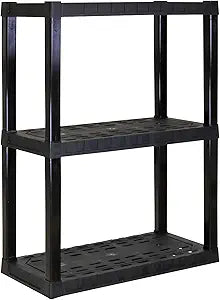 Oskar Heavy Duty Plastic Storage Shelves- for Garage, Kitchen, Bathroom Basement Kids Room, Stackable 3-Tier Black Organizer Rack for Books Shoes, Toys, Pantry, Cleaning and Closet Organization