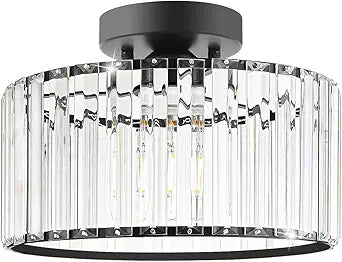 Crystal Ceiling Light Fixture, Modern Semi Flush Mount Ceiling Light, Black Close To Ceiling Light Fixtures, Crystal Chandelier Entryway Light, 11in Chandelier for Bedroom Porch Kitchen Living Room