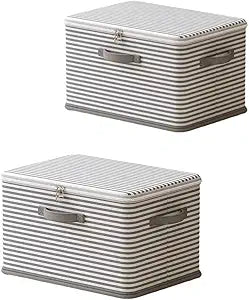 Foldable Storage Containers, Beige Striped Fabric Boxes with Lids, Stackable Closet Organizer Bins for Bedroom, Clothing Storage (Gray, L)