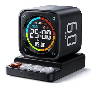 TK3 Pomodoro Timer Cube, Desk Productivity Timer with 5/10/30/60 Min Presets, Custom Countdown, Stopwatch, Clock, 3 Alarm, Silent, Vibrate & Sound Mode, for Task, ADHD, Study, Kitchen,Obsidian Black