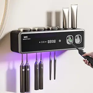 Toothbrush Holders for Bathrooms,Electric Toothbrush Holder Wall Mounted - 6 Brush/3 Cup,Automatic Toothpaste Dispenser & Hot Dry,Smart Cleaning,Bathroom Storage Upgrade (Black)