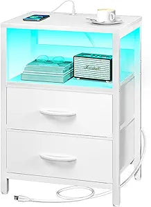 Yoobure Nightstand with Charging Station, LED Night Stand with Fabric Drawers and Storage Shelf for Bedroom, Nightstands Bedside Tables with USB Ports & Outlets, Small Night Stands, Bed Side Table