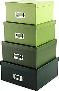4 Pcs Decorative Storage Boxes with Lids, Stackable Paper Storage Boxes with Label Holders, Photo Memory Keepsakes Gift Boxs for Home Office Closet File Organizer(Green Gradient)