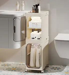 2-Tier Slim Bathroom Storage Cabinet, Narrow Storage Cabinet with Wheels, Adjustable Shelves, Magnetic Doors, Water-Proof, Anti-Tip Skinny Organizer Cabinet for Small Space, Cream White