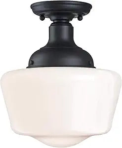Westinghouse 6578300 Scholar 9 inch Vintage One-Light Semi-Flush Mount Outdoor Ceiling Light Fixture Textured Black Finish, White Opal Glass