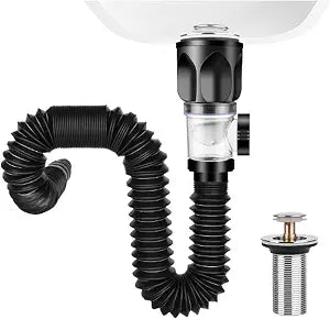 Bathroom Sink Drain Kit 32mm ABS Stainless Steel Flexible Expandable Drain Pipe Pop Up Anti Clog Leak Proof for Bathroom Basin Installation