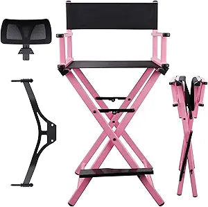 Lorvain Pink Foldable Makeup Artist Stool Chair, Aluminum Makeup Chair with Head Rest for Studio Salon Vanity, Bar Height