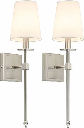 XiNBEi Lighting Bedroom Wall Lamps Set of 2, Modern Bedside Wall Sconce Light with Flared Fabric Shade 1 Light Wall Light Fixture Brushed Nickel Finish for Vanity Bathroom & Living Room