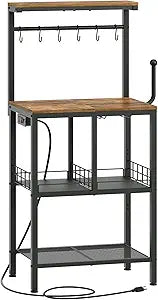 YATINEY Bakers Rack with Power Outlet, Microwave Stand with Paper Holder, Coffee Bar Station with Wine Glass Holder, 4-Tier Kitchen Storage Rack for Dining Room, Living Room, Rustic Brown HB02UBR