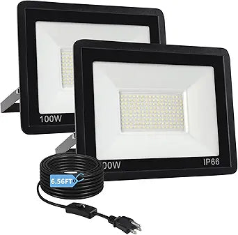 100W Flood Lights Outdoor,12000LM Bright LED Work Light,IP66 Waterproof Plug in Outdoor Floodlight with Switch and 6.5FT Cord,6500K Daylight White Security Light for Yard,Garage,Garden,Stadium(2 Pack)