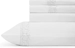 Linen Home 100% Cotton Percale Gardenia Lace Sheets, Queen Size, White, Deep Pocket, 4 Pieces Set - 1 Flat, 1 Deep Pocket Fitted Sheet and 2 Pillowcases, Crisp Cool and Strong Bed Linen