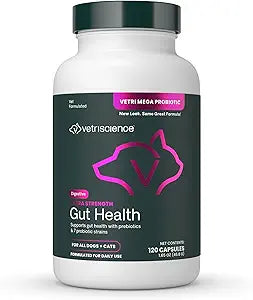 VetriScience Extra Strength Gut Health Probiotic & Prebiotic Digestive Supplements for Dogs & Cats, Gas & Diarrhea & Immune Support, Easy-Open Capsules, 120 Count
