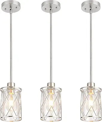 Refice Glass Pendant Lights Kitchen Island, Brushed Nickel Kitchen Hanging Light with Clear Glass, Farmhouse Cage Mini Pendant Lighting for Sink Dining Room Bedroom Bar, 3 Pack
