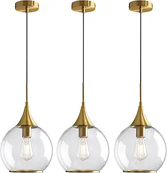 Pendant Lights Kitchen Island: 3 Pack Gold Light Fixture Modern with Clear Glass - 10 Inch Mid Century Globe Kitchen Lighting Fixtures Ceiling for Foyer Bedroom