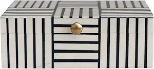 Bloomingville Plastic Storage Box with Striped Block Pattern and Gold Knob, Black and White