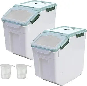 AnRui Rice Storage Container 50LB, Airtight Flour Storage Containers, Plastic Cereal Grain Dispenser Organizer Pet Food Storage Bin with Lid, Measuring Cup, Scoop, Green, 2Pcs(Total Capacity:100LBS)