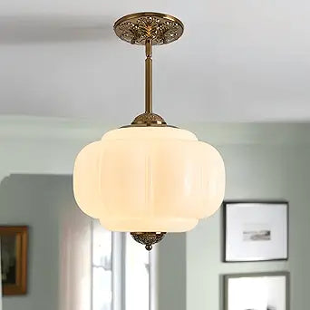 Milk Glass Ceiling Light Fixture, 12" Vintage Semi Flush Mount Pendant Light with Antique Brass Finish, Schoolhouse Light Fixture - Antique Chandelier for Kitchen, Hallway, Dining Room