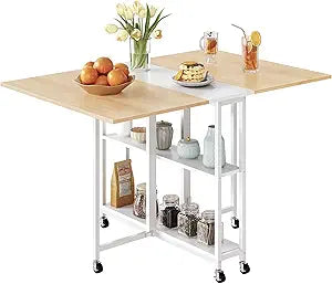 CHOEZON Folding Dining Table, Movable Dining Table, Kitchen Table for Small Space, Foldable and Expandable Desk Furniture with 6 Wheels, for Dining, Living Room, Apartment, White and Natural TCZ01WN
