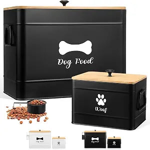 Newtay 2Pcs Extra Large Metal Dog Food Containers Airtight 12 & 3.5 Lbs Dog Treat Snack Jars Set of 2 with Bamboo Lids and Spoons Farmhouse Big Pet Cookie Storage Jars for Kitchen Counter Gift(Black)