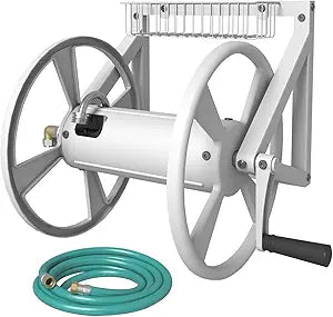 Artigarden Triangle Wall Mounted Garden Hose Reel, Outdoor Heavy-Duty Water Hoses Holder Winder, Holds 125 Ft of 5/8-Inch Hose, with 3.9 ft Leader Hose, Brass Fitting, Storage Basket for Yard, White