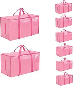 8 Pack-Extra Large Heavy Duty Moving Bags - Waterproof Storage Totes with Handles & Zippers, Foldable for College Dorm, Storage (Pink)