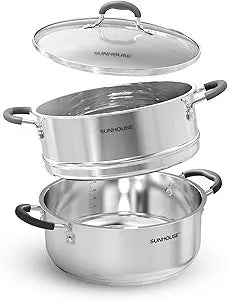 SUNHOUSE Stainless Steel Steamer Pot for Cooking - 5 QT Steaming Pot with Glass Lid & Steamer Basket - 2 Tier Tri-ply Vegetable Steamer with Stay-Cool Silicone Handles - Induction Compatible