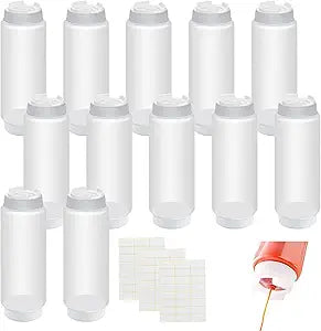 12 Pcs 32 oz Condiment Squeeze Bottles with Labels,Inverted Clear Refillable Bottles Plastic Sauce Dispenser for Restaurant Kitchen Ketchup, Dressing, and Sauces