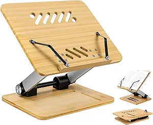Bamboo Book Stand for Reading, Adjustable Book Holder with Storage Tray, Foldable Cookbook Stand with Metal Clips, Hands-Free Reading Stand for Textbooks, Laptop, Drawing(Natural Bamboo)
