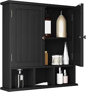 ChooChoo Bathroom Cabinet Wall Mounted 2-Door with 3 Open Shelves Wooden Medicine Cabinets with Adjustable ShelfSpace Saver Storage Cabinets Over The Toilet for Bathroom&Living RoomBlack