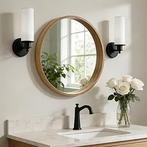 WallBeyond 24 Inch Natural Round Wood Mirror, Circle Wooden Frame Wall Mirror for Bathroom, Living Room, Bedroom, Entryway