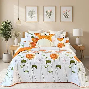 EVENHUG 100% Cotton Quilt Set Queen Size Orange Sunflower Floral Bedding Sets with Pillow Shams Breathable Lightweight Bedspreads Coverlet for All Season 3 Piece (92"x96")