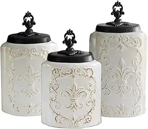 American Atelier Fleur de Lis White Canister Set 3-Piece Ceramic Jars in 84.5oz, 74.5oz, & 60oz Designed w/ Airtight Stainless Steel Lids for Cookies, Candy, Coffee, Flour, Sugar, Rice, Pasta, Cereal