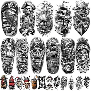 77 Sheets Pirate Temporary Tattoos Adult Men Kids Captain Pirate Ships Flag Sailor Anchor Sailboat Skull Fake Tattoos, Pirates Stickers for Costume Dress Up Makeup Party Accessories