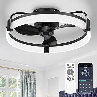 Ceiling Fans with Lights for Bedroom Kitchen Room Ceilings, LED Dimmable Bladeless Flush Mount Low Profile Ceiling Fan Light with Remote, 6 Wind Speeds, Timer Setting, 3000-6000K - Black 20''