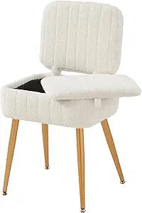 Updated Vanity Chair, Storage Ottoman with Folding Back & Gold-Toned Metal Legs, Ottoman Seat with Teddy Velvet for Dressing Room Living Room Bedroom, 16" x 12.5" Inch