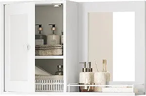YATINEY Medicine Wall Cabinet with Mirror, Bathroom Mirror with Storage, Medicine Cabinet Mirror, Wall Mounted Home Storage, Adjustable Shelf, for Laundry Room, Bedroom, Camper, Hallway, White