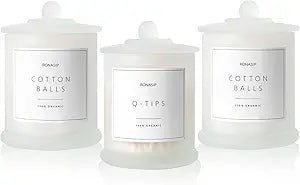 Ronasip 3 Pack Qtip Holder Dispenser, 16oz Bathroom Organizer and Storage Canisters, Glass Apothecary Jars with Lid - Home Decor, Room Decor Aesthetic (Frosted White)