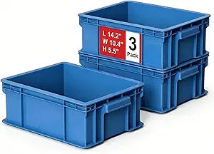 Heavy Duty Storage Bins, 3-Pack Stackable Tool Storage Box for Hardware, Screws, Nuts and Bolts, Space-Saving Straight Wall Container for Garage, Workshop & Factory, 14.2"L x 10.4"W x 5.5"H, Blue