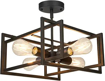 FadimiKoo Industrial 4-Light Semi Flush Mount Ceiling Light Fixture, Farmhouse Metal Black Close to Ceiling Lamp for Kitchen Island Bedroom Hallway, Modern Rectangle Frame