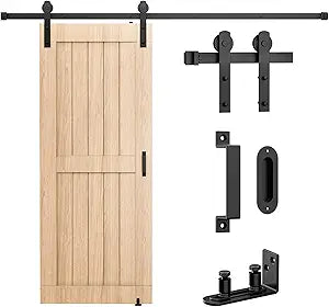 Signstek 6.6FT Sliding Barn Door Hardware Kit, Heavy Duty Whole Set (Includes Adjustable Floor Guide, 2 Handles and Dook Hook) -Smoothly and Quietly, Fit 36"-40" Wide Door Panel -Black, I Shape Hanger