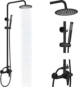 Outdoor Shower Kit,Outdoor Shower Fixtures Faucet System Single Handle Brass Valve,8 Inch Rainfall Shower Head and Handheld Spray Dual Function Wall Mount SUS304 Matte Black