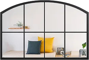 Arched Window Mirror, Matte Black Windowpane Wall Mirror, Wide Grid Decorative Mirrors, Arch Metal Frame Mirrors for Living Room, Entryway, 42" x 28"