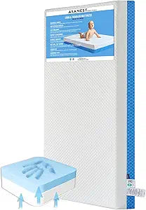 Dual Sided Comfort Gel Memory Foam Breathable Baby Bed Mattress for Crib, Premium for Infant and Toddler with Removable Outer Cover, White & Blue, Standard Size 52 x 28 x 5 Inches