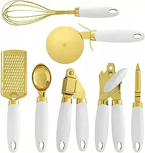 White & Gold Kitchen Tools and Gadgets - Luxe 7PC Cooking Tools and Gadgets with Anti-Slip Handles, Gold Utensils Set, Gold Kitchen Accessories,Premium Kitchen Gadget Set (Champagne gold & white)