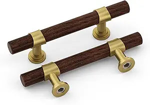 homdiy 10 Pack 3 Inch Wood Cabinet Pulls Gold Cabinet Handles Walnut Wood Grain Metal Drawer Pulls for Dresser Cupboard